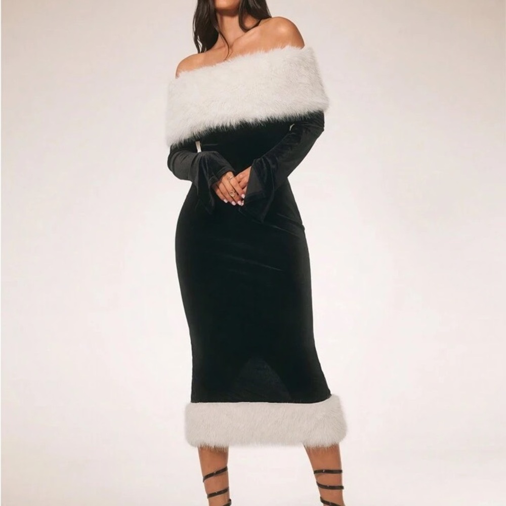 Elegant Black Off-Shoulder Dress with White Fur Trim - New without Tags